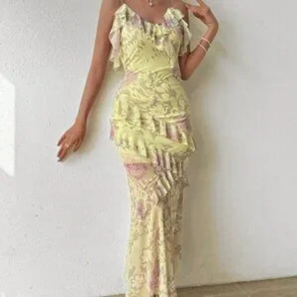 ZARA Yellow Boho Women's Beach Vacation Floral Print Ruffled Cami Dress Maxi